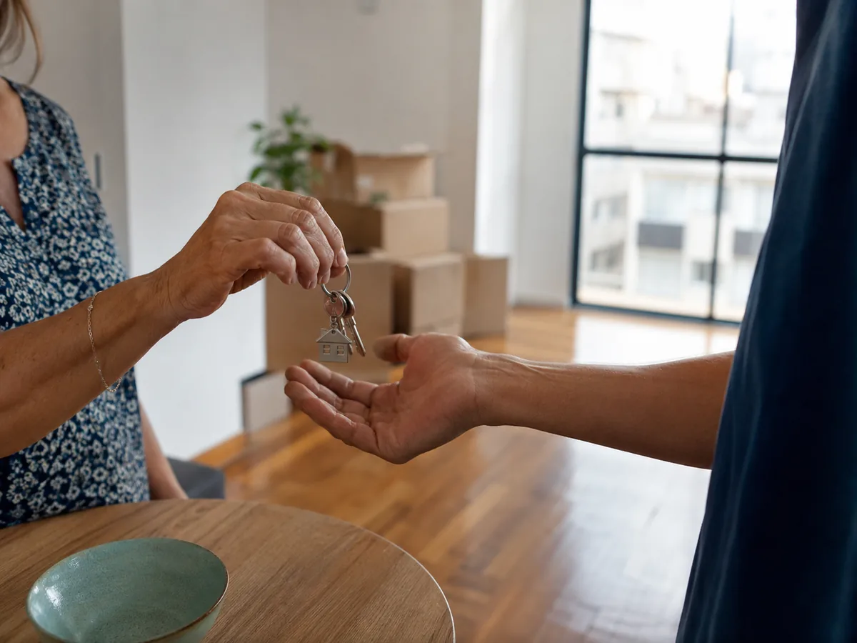 Entrega das chaves de um apartamento sobre uma mesa, com caixas de mudança ao fundo