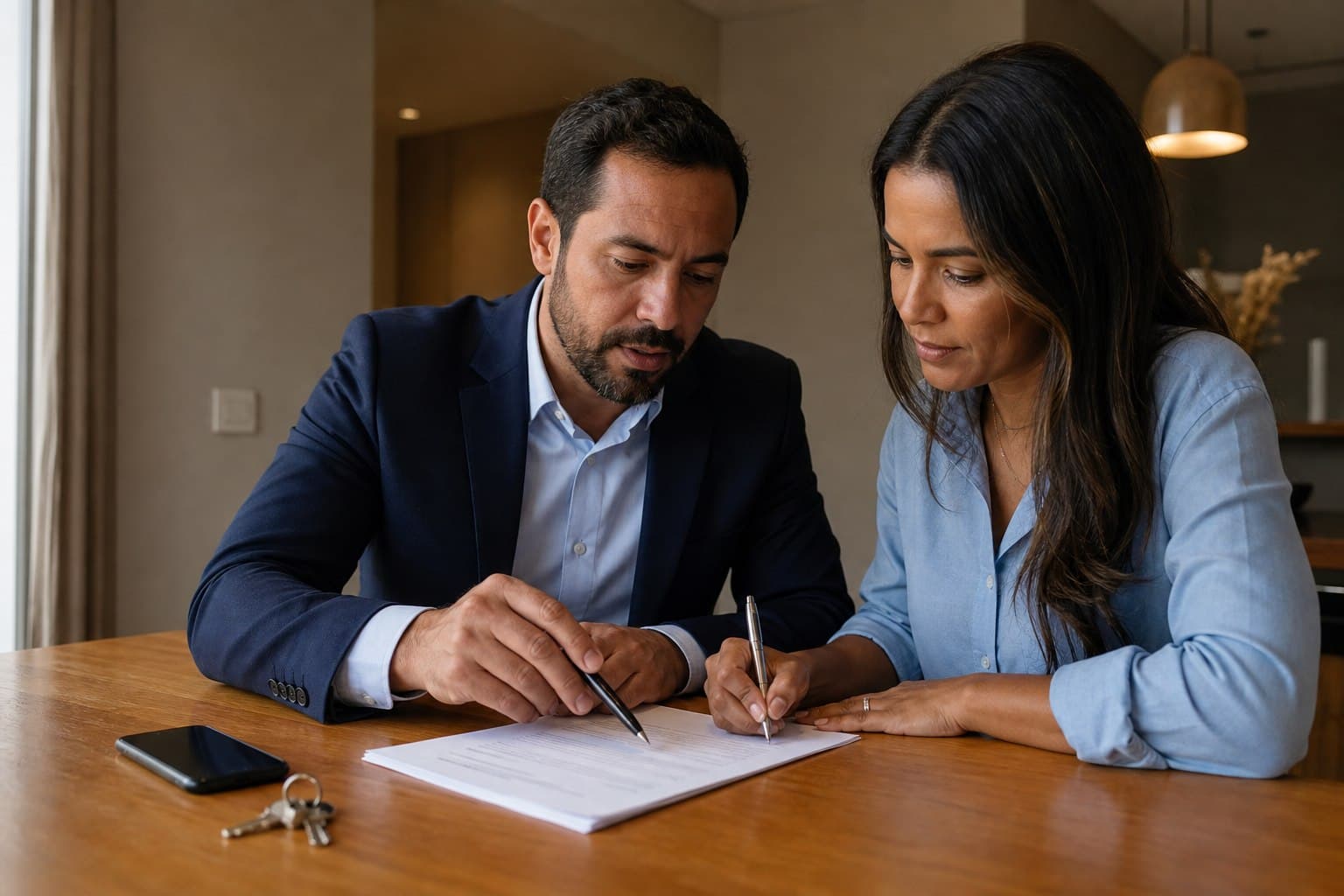 Corretor e cliente conferindo os documentos de um imóvel