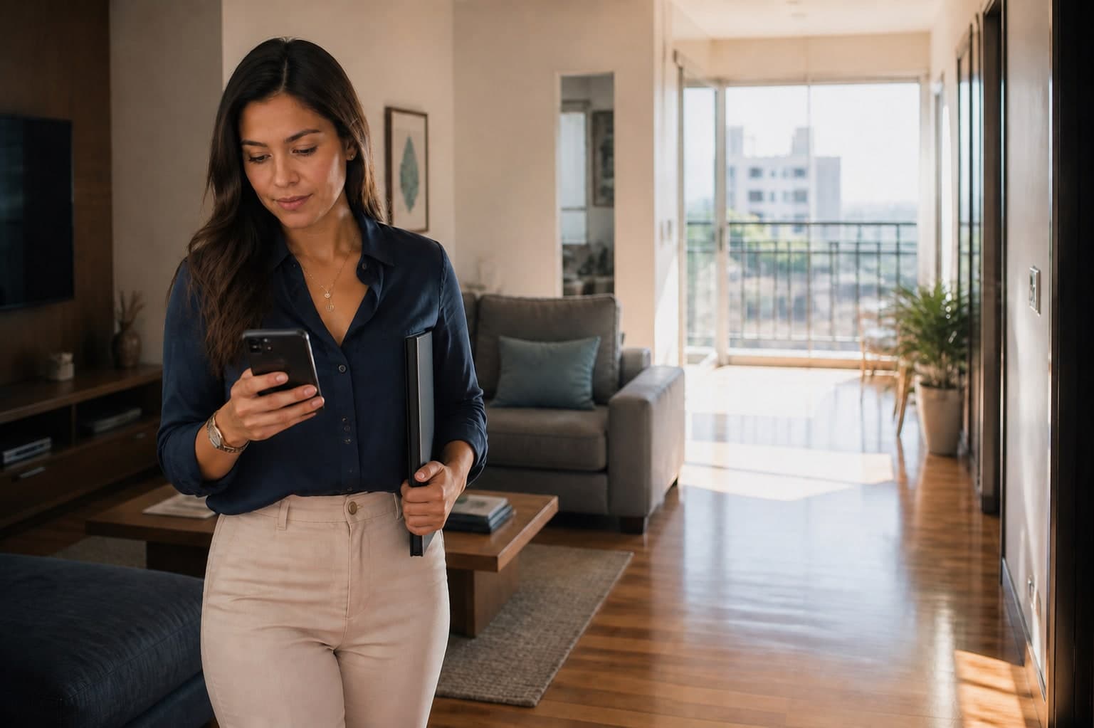 Corretora consultando o celular enquanto prepara uma visita ao imóvel