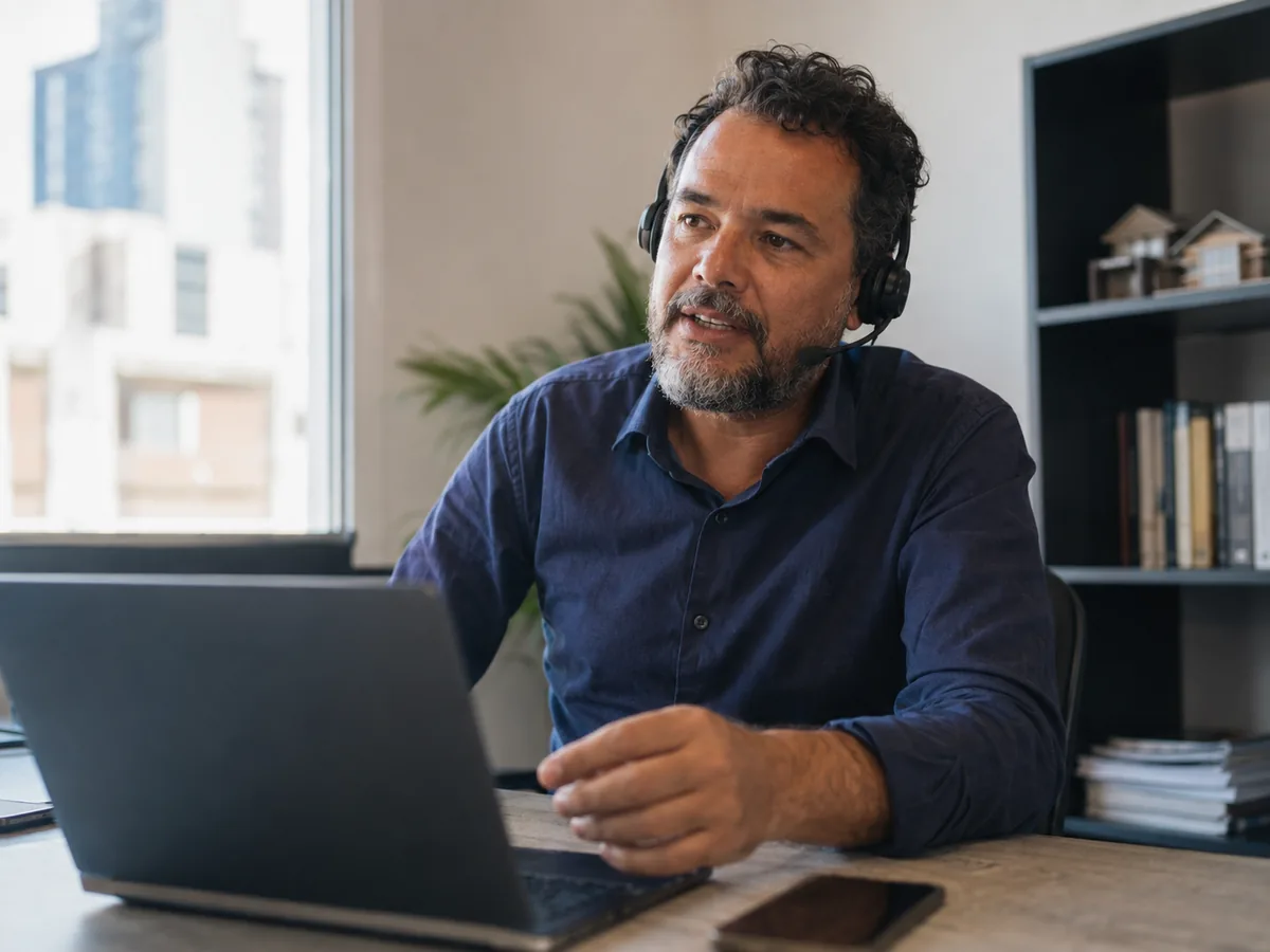 Corretor com headset atendendo uma ligação na mesa do escritório da imobiliária